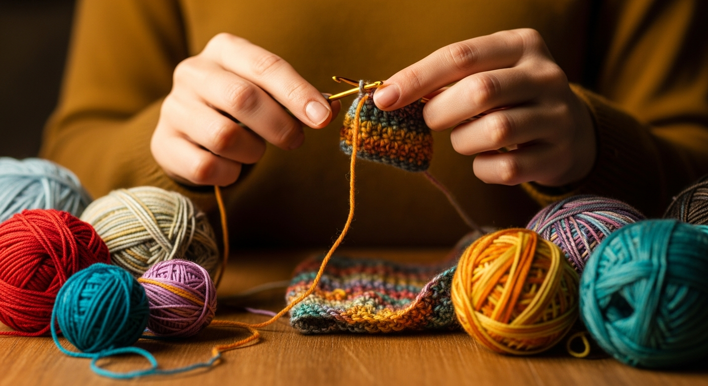 Руки, вяжущие крючком